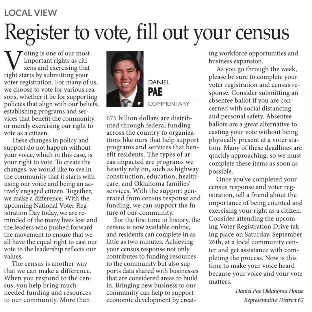 Thank you Lawton Constitution for sharing my article on the importance of voter registration and census response on National Voter Registration Day! To read the full article, please visit buff.ly/33KJ9Is #RepDanielPae #OKHD62 #PerseveringForLawton #62Days