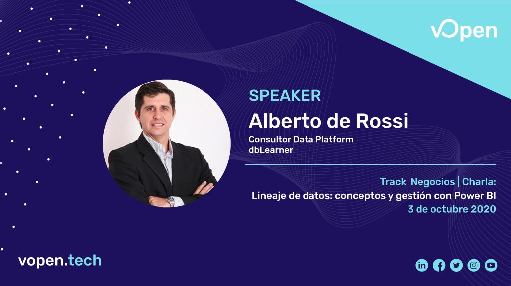 #vOpen Global 2020 - Sábado 3 de Octubre ⭐ ¡NO TE LO PIERDAS! 👉 bit.ly/VOpen-Registro⭐

vOpen se enorgullece de presentar a Alberto de Rossi quién nos hablará de  "Lineaje de datos: conceptos y gestión con Power BI"#Talk ideal para mejorar tus #softskills
#vopentech #powerbi