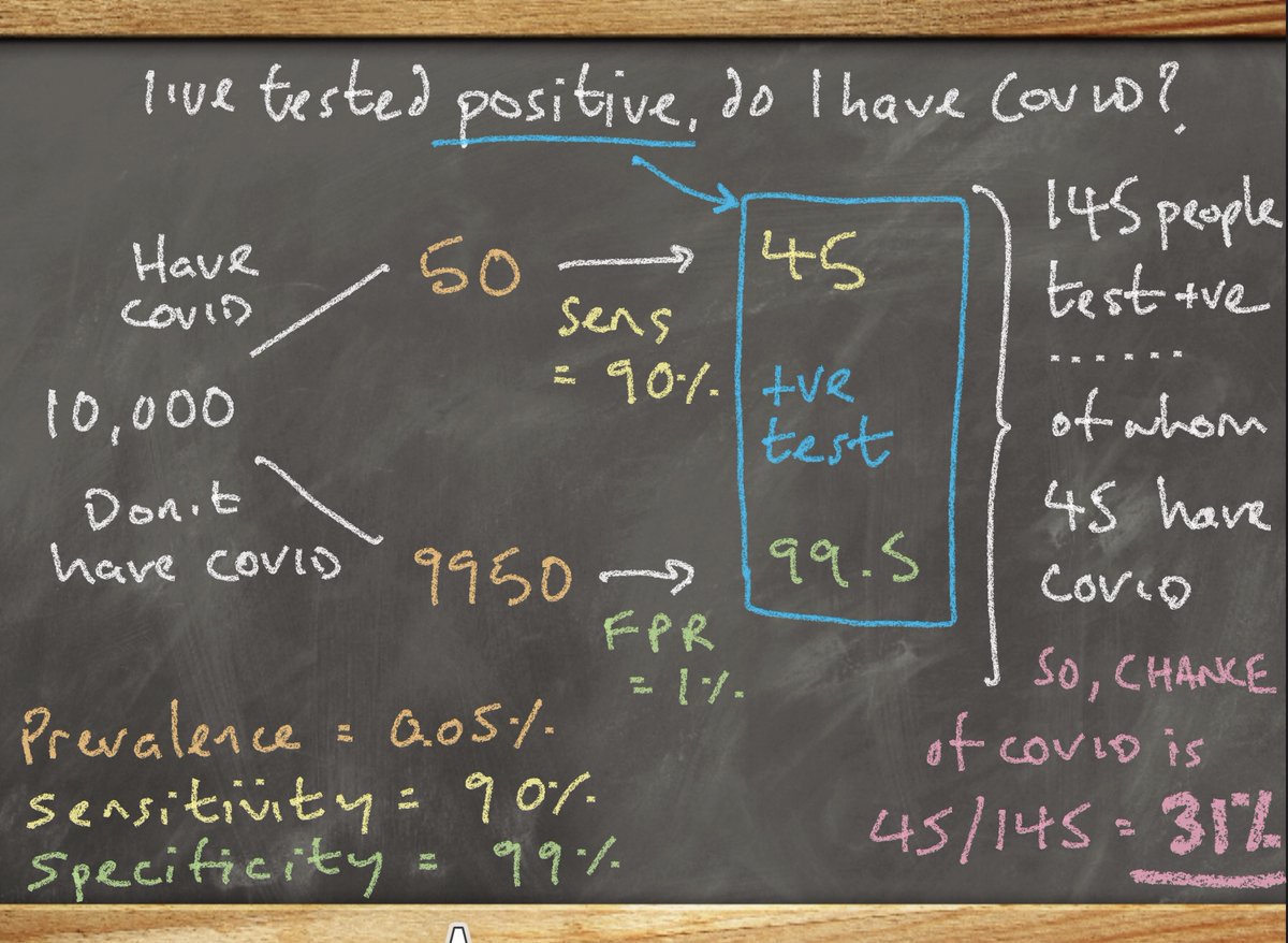 I'll give the answer at the end of this thread.So let's get back to our COVID tests. In our same 10,000 people with a prevalence of 0.05%, sensitivity of 90% and specificity of 99%, it turns out your chance of having COVID if you have a positive test is 31%./26