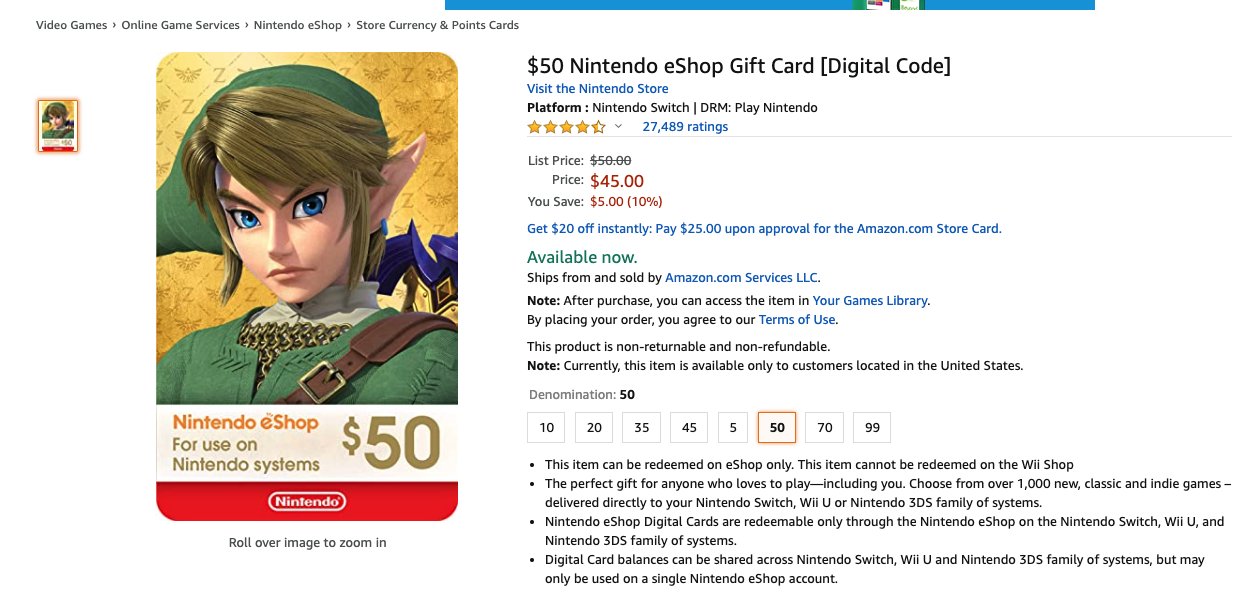  $45 Nintendo eShop Gift Card [Digital Code