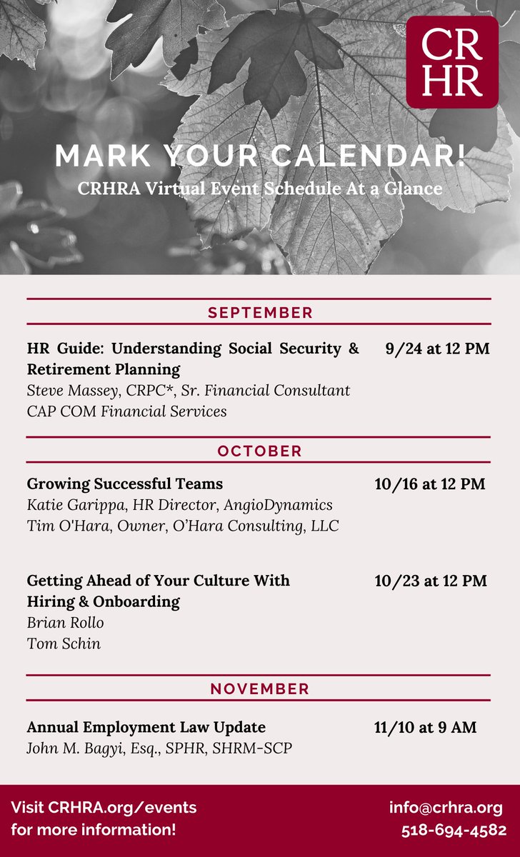 Mark your calendar for these upcoming events! There are great things happening this fall, so don't miss out! Register here: crhra.org/events

#crhra #shrm #hr