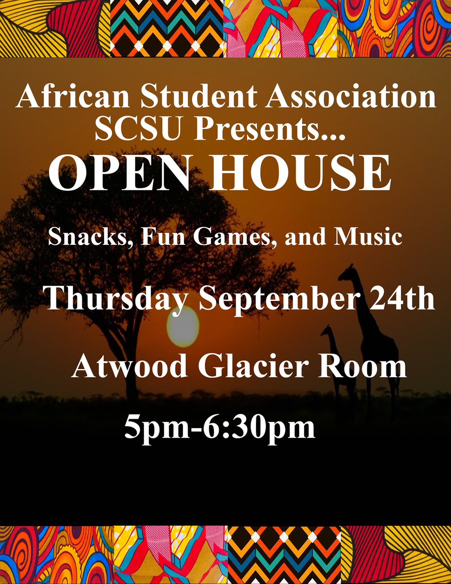 SCSU_ASA's tweet photo. Hey ASA family! we are back and excited to start hosting meetings again! We hope you enjoyed your summer break and staying safe. To kickoff the semester we’ll be hosting our open house this Thursday at 5:00pm in the Glacier room. Please come show your support for the organization https://t.co/mX1OgexnFV
