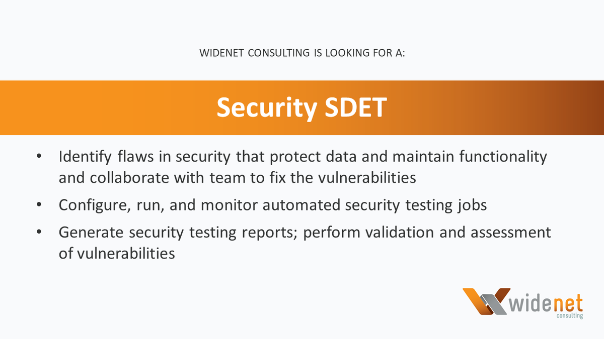 WideNetConsult's tweet photo. Our Client is looking for a technical leader with excellent analytical skills and well versed in security. For more details, check out our Careers page: https://t.co/43lAeAIrs7 

#Security #SDET #SeattleIT #WideNetConsulting https://t.co/8KOwLXJrAb