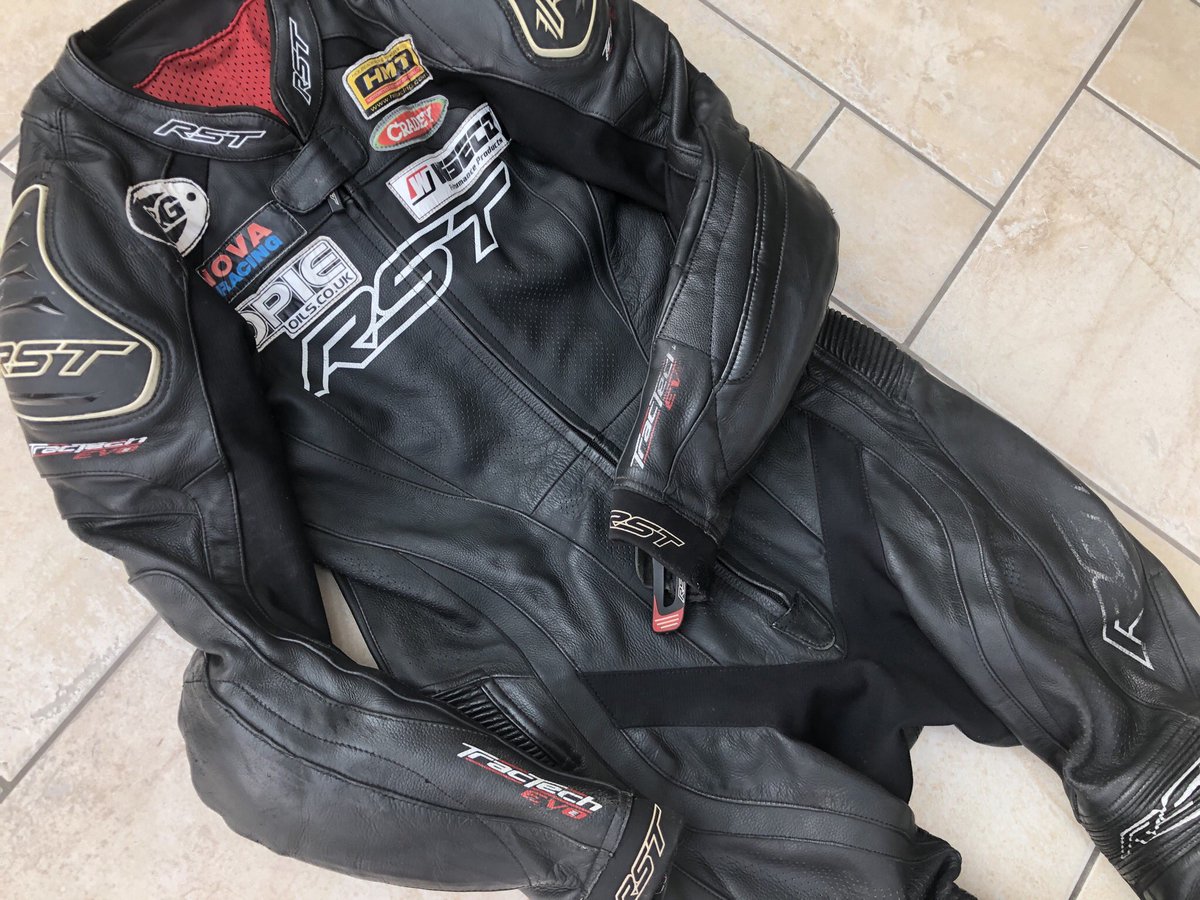 TeamSeventyOne's tweet photo. Fantastic repairs to Ritchie’s leathers - when we thought they were done for - after the big Craner crash by @Hill4Leather Super-fast turn round too. 👌 #loveyourwork #gettingreadytorace #powerbikes https://t.co/lagIoWHrVC