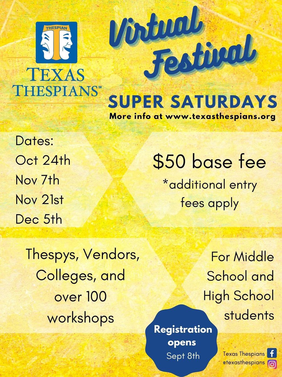 ksthespians's tweet image. Come One Come All! Kansas Thespians are joining with @Texas_Thespians for Virtual Thespian Festival!  Check out all the info at texasthespians.org/festival.html