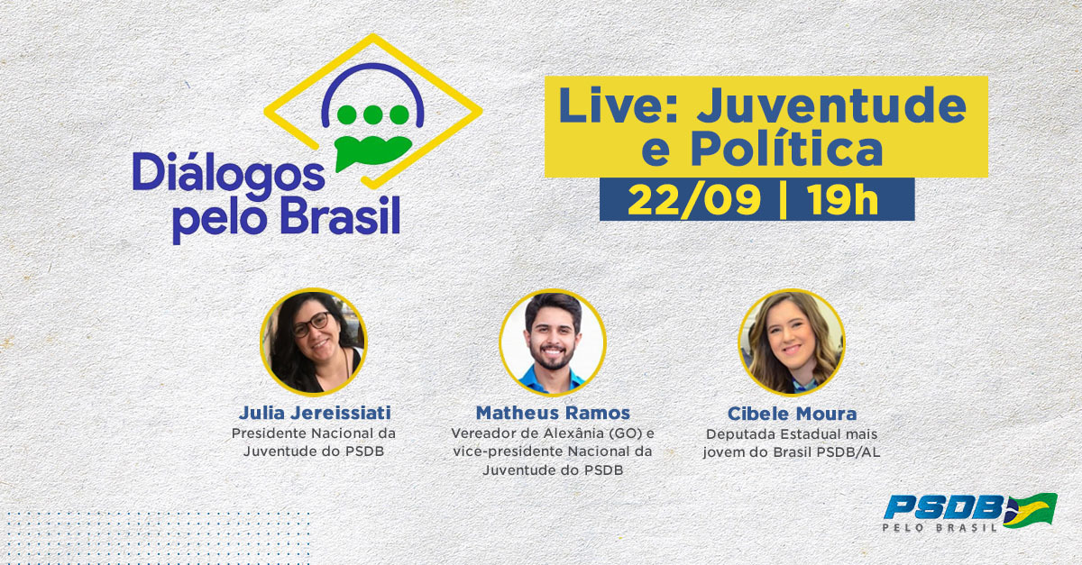 psdbrj's tweet photo. Nesta terça, dia 22, às 19h, tem uma nova edição de Diálogos pelo Brasil com tema Juventude e Política. Vamos debater sobre o que motiva o jovem a participar da política? Acompanhe ao vivo pelo Instagram @itvnacional e pelo Facebook @PSDBoficial! https://t.co/4i9rVgMvo2