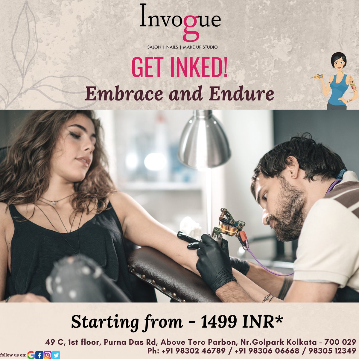 MainakNagC2's tweet photo. Beauty always comes with a pinch of pain. Thus, get inked at Invogue, and embrace your new self. Endure at our #Greenzone where tattoo services start only at Rs. 1499.

9830606668 / 9830512349 / 9830246789.

#spa #beauty #skincare #relax #massage #wellness #facial #salon #makeup https://t.co/ycFv1cmdPa