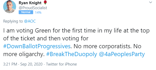. @ProudSocialist maybe you can explain how you went from selling Resistance mugs and t-shirts, to becoming a Socialist, to voting 3rd Party in less than 4 years. Sorry, but that is the same playbook used in 2016 to persuade people not to vote for Hillary.