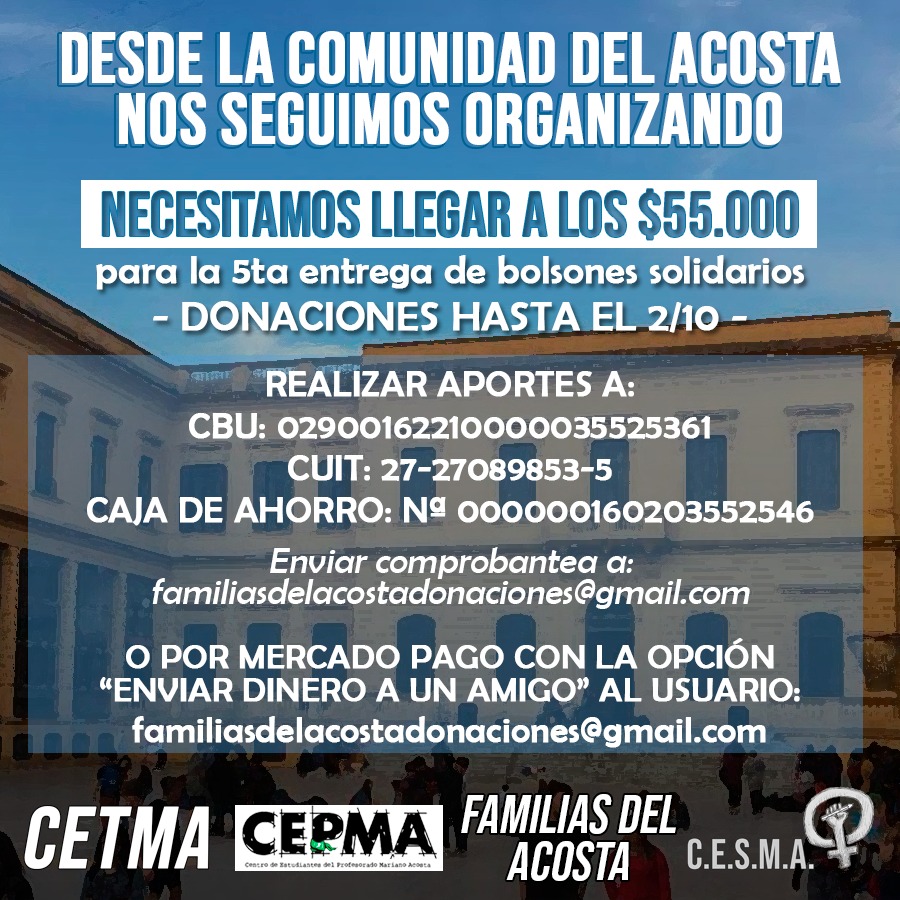 cesmacosta2021's tweet photo. Doná para la entrega de bolsones!!

CBU 0290016210000035525461
CUIT 27-27089853-5
Caja de ahorro N° 000000160203552546
Enviar comprobante a: familiasdelacostadonaciones@gmail.com
O por Mercado Pago con la opción: "enviar dinero a un amigo": familiasdelacostadonaciones@gmail.com https://t.co/iRC4Ek2f7I