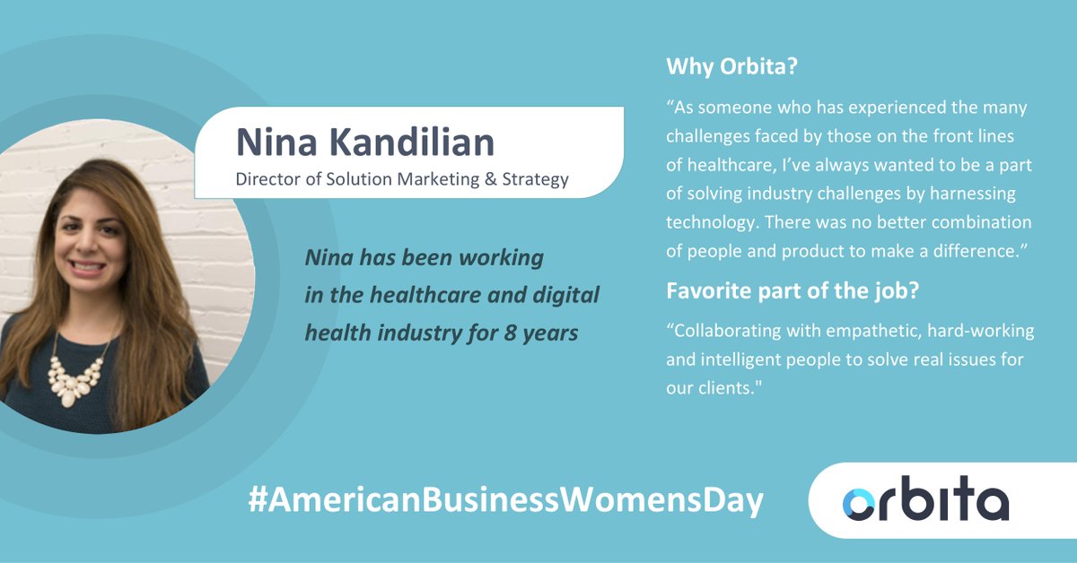 In honor of #AmericanBusinessWomensDay, <a href="/orbita_inc/">Orbita, Inc.</a> is committed to recognizing accomplishments/contributions made by millions of women in business across the US. Meet our dedicated &amp; sharp Dir. of Solution Marketing &amp; Strategy, <a href="/nkandilian/">Nina Kandilian</a>! Join our team: bit.ly/33Nex9j