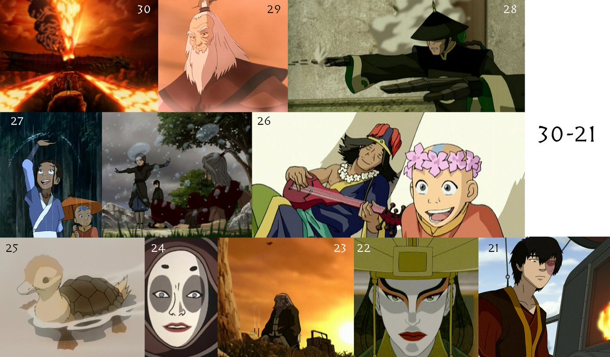 30. Fire Lord Ozai: Drama Queen29. Avatar Roku28. The Dai Li27. Katara Stopping The Rain26. "Secret Tunnel"25. Creature Design In ATLA24. Koh The Face Stealer23. "Little Soldier Boy"/"Leaves on the Vine"22. Kyoshi Sinks Aang's Criminal Defense21. "That's rough, buddy."