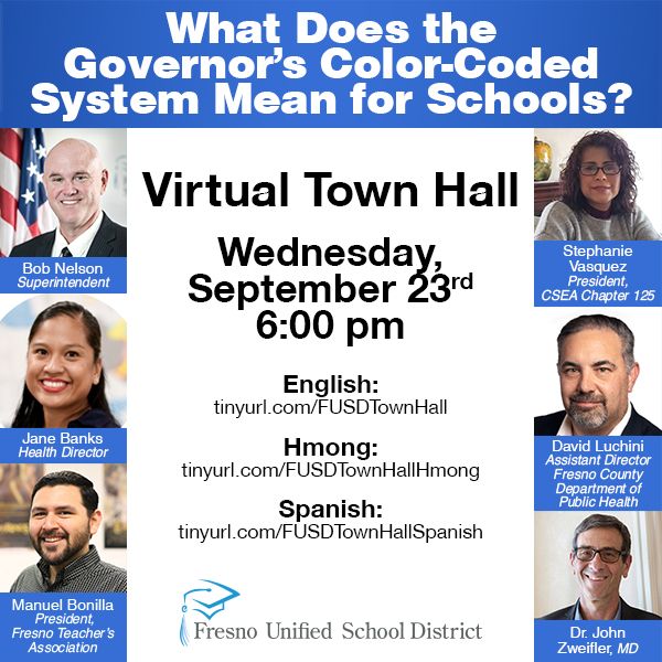 fresnounified's tweet image. #FUSDFamily, join us tomorrow for our Virtual Town Hall! Superintendent, health experts, and labor leaders will be discussing how the Governor's color-coded system affects schools.

English: buff.ly/35XZOLb
Hmong: buff.ly/35UN7Rz
Spanish: buff.ly/3mJsVrS