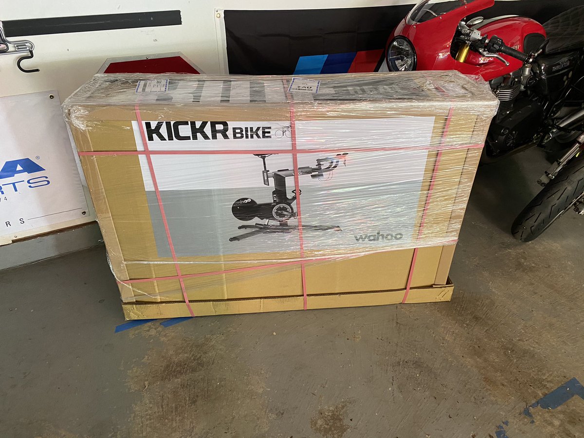 webjedi's tweet photo. Well, supposedly the thing I’m gonna whoops my ass into shape on finally arrived... really looking forward to many hours on this. @wahoofitness #cycling #GettinSerious (it’s the first time I’ve ever bought an exercise/training only machine) #QOM @GoZwift @Strava #PRs #letour2020 https://t.co/TzFfBs5cOi