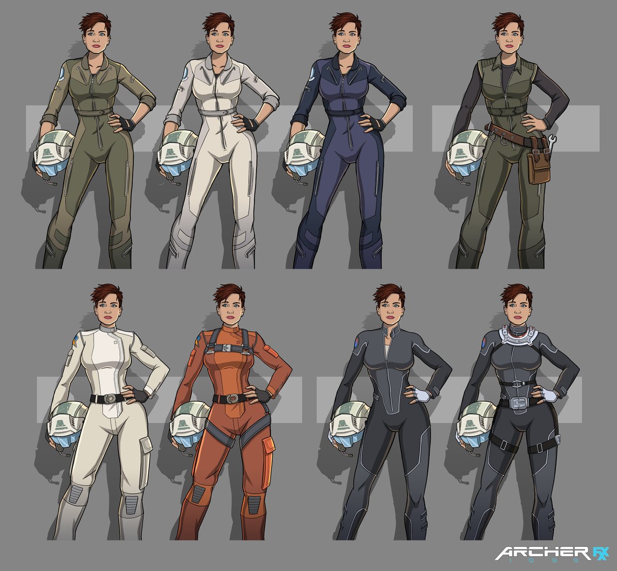 Kuettelonia's tweet photo. More Cheryl #characterdesign options from #Archerfxx Season 10, nailing down color and detail options for her flightsuit.

#animation https://t.co/SAFITuBYUh