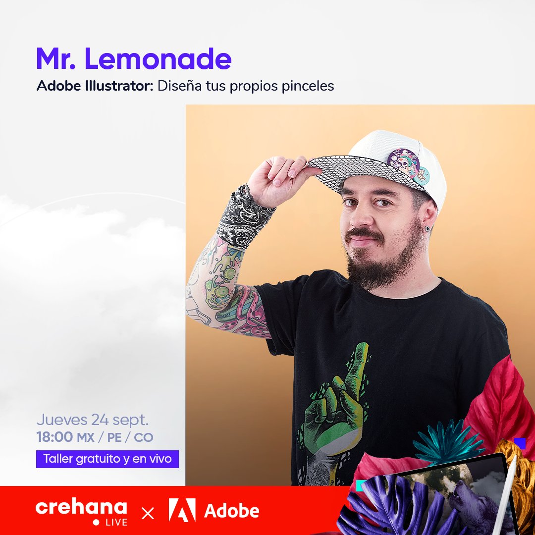 🖌 Diseña tus propios pinceles 👉🏼 creha.co/2FTT5Hj

Este jueves 24 únete al #CrehanaLive de Adobe con Mr Lemonade , 👨‍💻 ilustrador mexicano y docente en Crehana. 

🇨🇱 19:00 hrs. | 🇦🇷 20:00 hrs. | 🇪🇦 01:00 hrs.