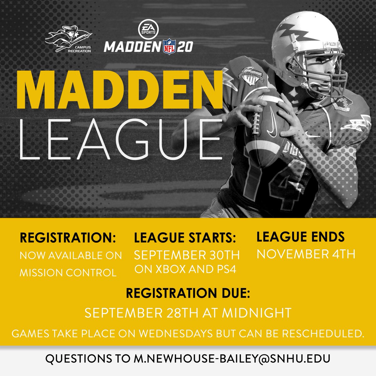 Sign-Ups End 09/28 at midnight! Come show off your skills with Campus Rec 🏈 #MaddenLeague #Madden20 @snhuclubsports @snhu @snhuinvolvement @snhupenmen @snhures Sign-Up at missioncontrol.gg/play or Email M.Newhouse-Bailey@snhu.edu for more info!