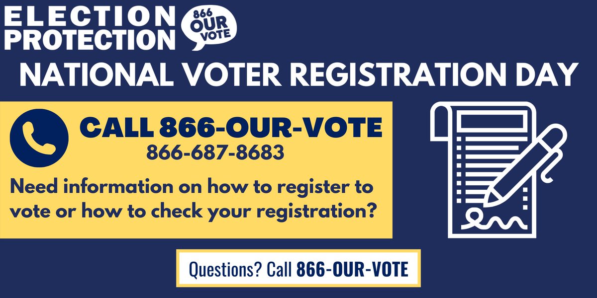 It's National Voter Registration Day! Our Election Protection hotline volunteers are on standby ready to help you register to vote or check your registration. 

☎️ Call us at 866-OUR-VOTE (866-687-8683).