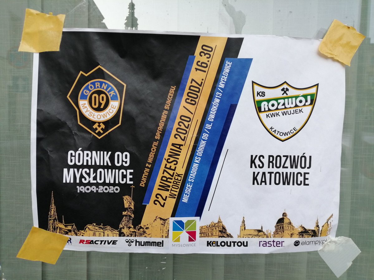 22.09.2020 Puchar Polski <a href="/SlaskiZPN/">Śląski ZPN</a>: <a href="/GornikMyslowice/">Górnik 09 Mysłowice</a> - <a href="/RozwojKatowice/">Rozwój Katowice</a> 1:0 
Niespodzianka w Mysłowicach! Kocina po bramce Grzegorza Fonfary pokonała IV-ligowy Rozwój Katowice i zagra w 1/2 pucharu 
#groundhopping