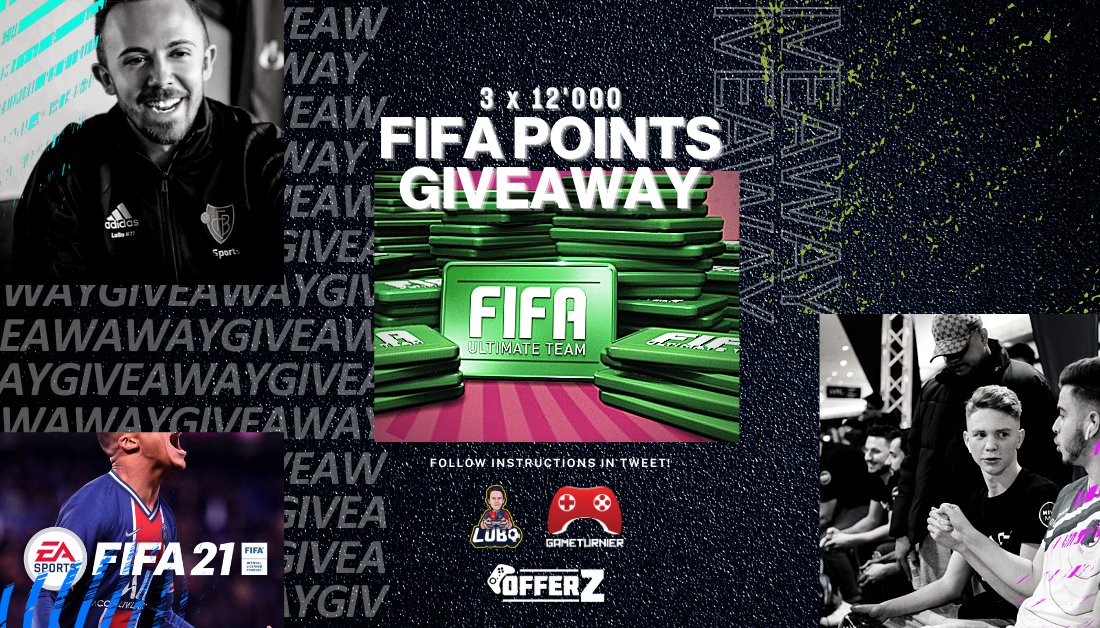 36'000 FIFA Points auf unseren Nacken? Wir verlosen mit Offerz und Luca Boller 3 x 12'000 FIFA Points. 

Teilnahne:
- Folge <a href="/offerzch/">offerzch</a>, <a href="/ItsLubo/">Lubo</a> &amp; @gameturnier
- Retweete &amp; Tagge 2 Freunde unter diesem Tweet

#FIFA21 #FUT21