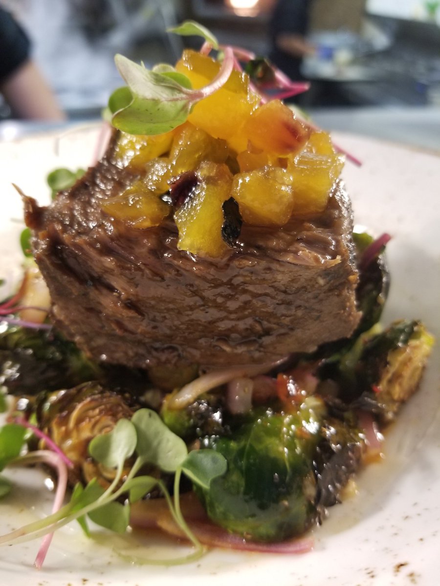 Today... Braised Boneless Short Rib, Roasted Spicy Brussels Sprouts, Green Chile Palisade Peach Marmalade and Local Honey Drizzle