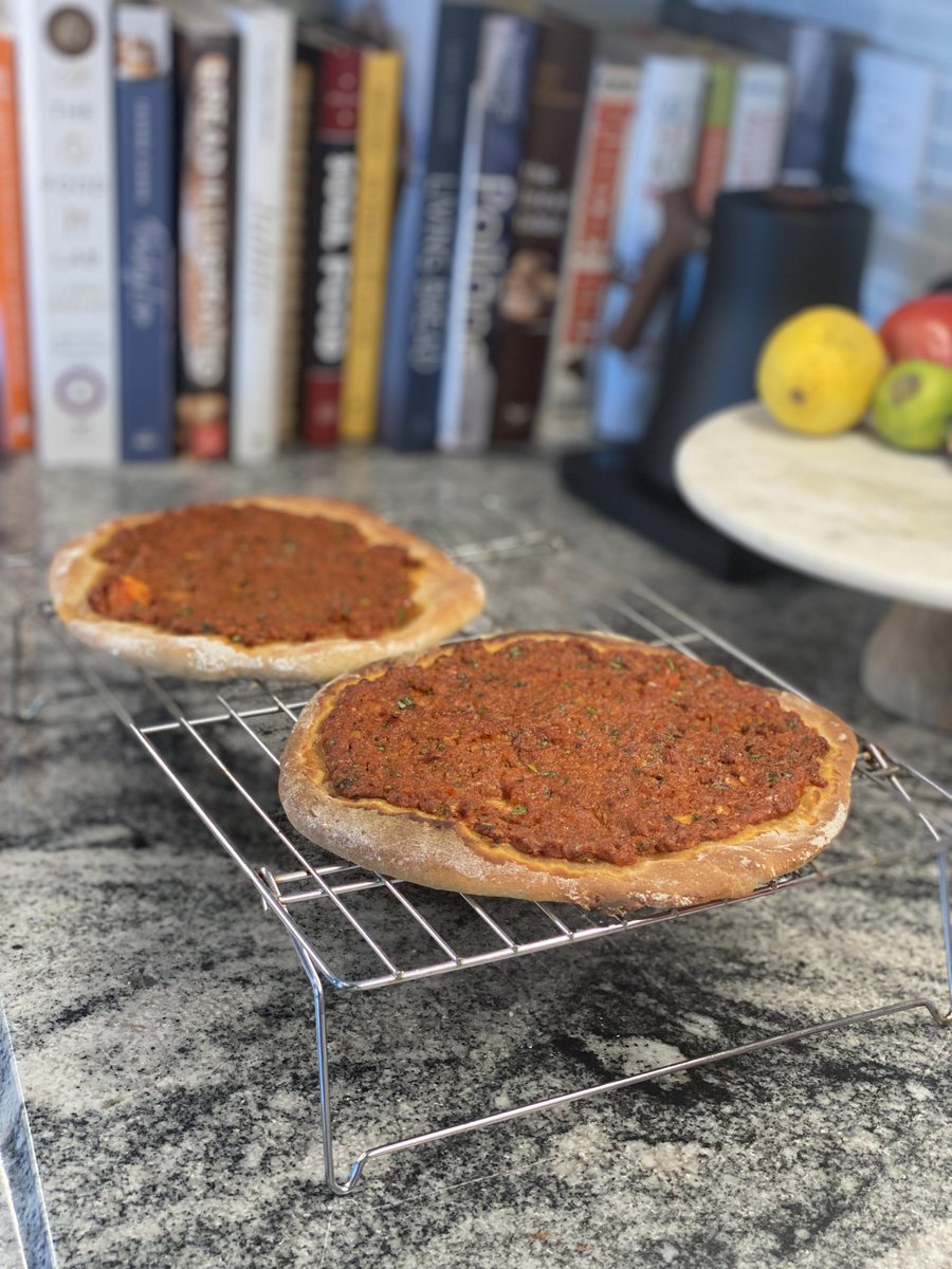 Bread #44: Lahmacun. This is an Armenian/Turkish flatbread with ground lamb on top mixed with paprika and biber salçası (Turkish red pepper paste). It was fun working with two ingredients that I don't eat a lot and ate some but gave the rest to a friend who loved them. August 22.