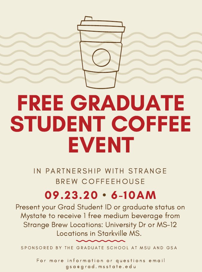msstate_gsa's tweet image. It’s the perfect season 🍁🍃 for a cup of coffee ☕️ Grad Students can get their free cup of coffee ☕️ @SBCoHo Strange Brew on Wednesday morning ☕️