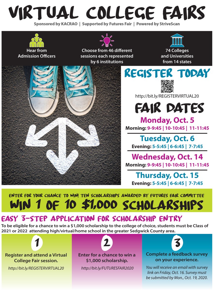 High school seniors: Want to win scholarships and learn more about college opportunities? Attend the Virtual College Fairs this morning, or Oct. 6, 14 &amp; 15! Register at bit.ly/REGISTERVIRTUA…