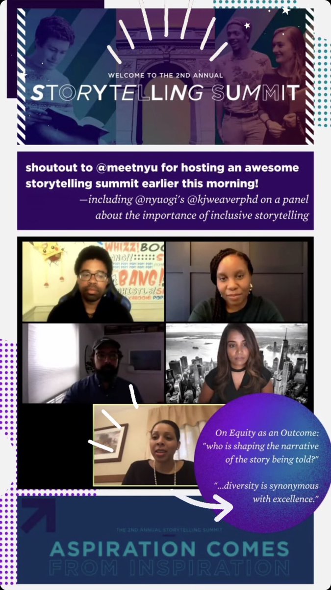 🎥Thank you <a href="/meetnyu/">NYU Admissions</a> for having me as a panelist at your Storytelling Summit! Great to discuss the important (&amp; awkward)topic of inclusive storytelling. How do we⬆️diversity in videos but remain realistic?Amplify underrepresented voices but avoid tokenism?Conversation continues👍🏽