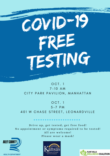 Drive up, get tested, and get a free snack! RCHD is partnering with <a href="/KDHE/">KDHE</a> and the Kansas National Guard to conduct free testing for the community. No appointment necessary. All are welcome!

Oct. 1: 7-10 AM City Park Wefald Pavilion

Oct. 1: 5-7 PM 401 W Chase St., Leonardville