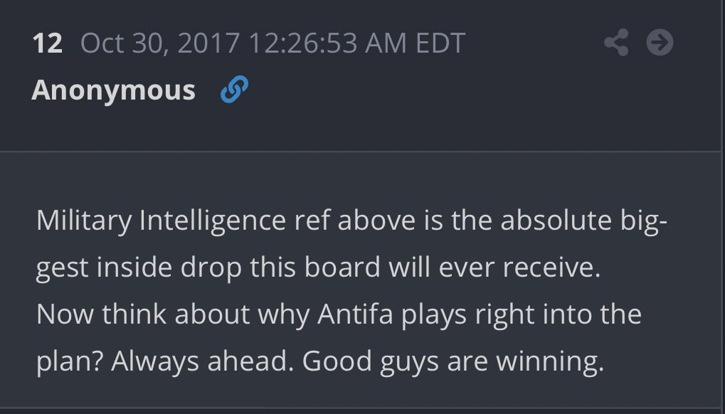 Back to drop 12. Remember this is from Oct 2017. “Now think about why ANTlFA plays right into the plan?”Other than allowing corrupt city and state leaders to highlight their own incompetence, this may be another reason POTUS didn’t immediately step in, every bit his right.