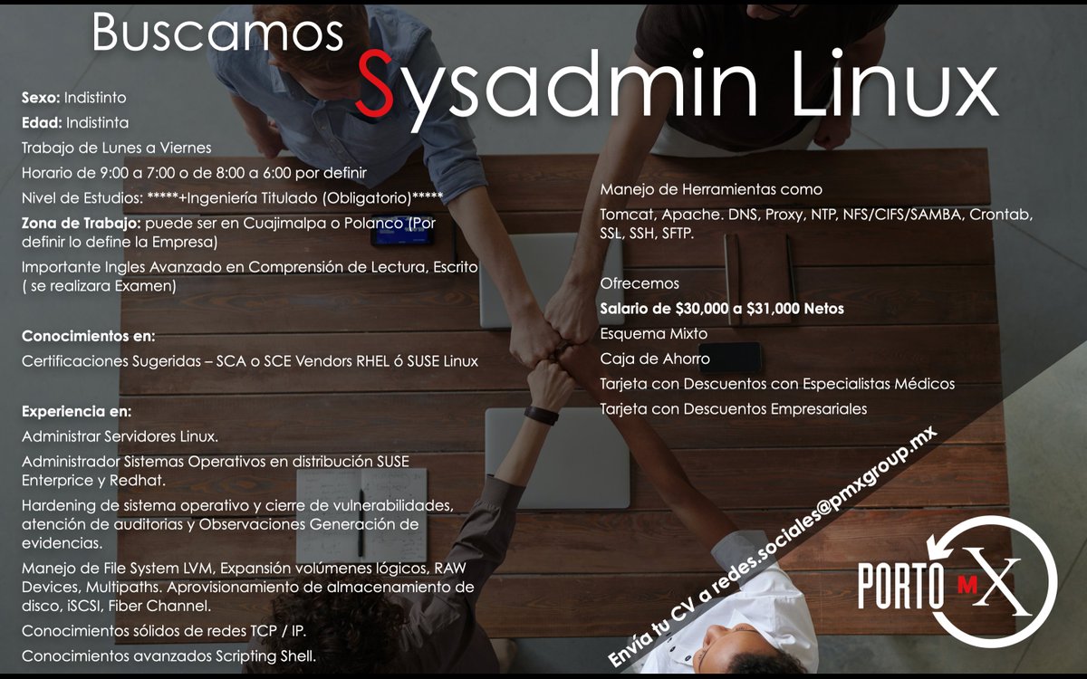 PortoMx's tweet photo. En #portomx buscamos el siguiente perfil:

Sysadmin Linux

Envía tu CV a redes.sociales@pmxgroup.mx

#vacantesti #linux #vacante https://t.co/2mqSwCAqaJ