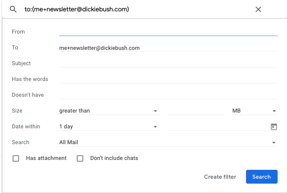 Step 2/Now we'll create a filter to add a "newsletter" label to the ones we want to read.Go to your Gmail search bar and click the arrow on the right-hand side.Add your "+newsletter" email in the "to" field and then click "Create filter" in the bottom right-hand corner