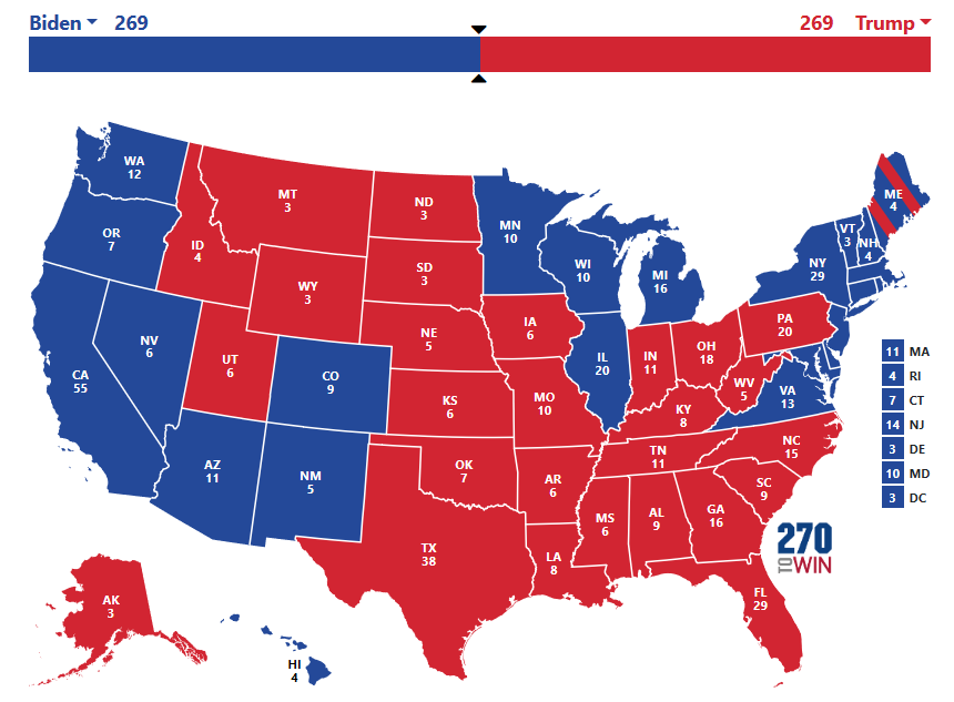 GetRealist's tweet photo. @JonSchweppe South holds for Trump, but AZ turns blue. Dems won't let MI slip away again. MN trending red in rural areas but urban Somali vote keeps it blue. WI a tossup, but it reverts blue. Media declares PA for Biden; Trump demands recount, purge of fraudulent ballots, WINS on 269-269 tie. https://t.co/EuN6NvAf10