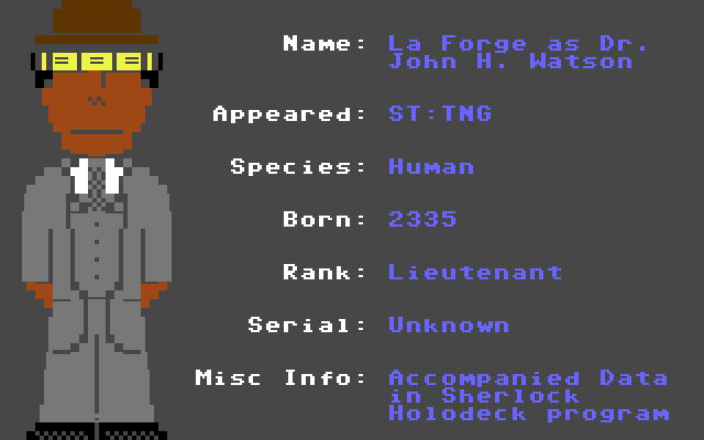 La Forge as Dr. Watson (ST: TNG, Season 2, Episode 3, "Elementary, Dear Data") #StarTrek #C64 #Commodore64 #PETSCII #PixelArt #C64Retweets #WeAreStarfleet #DS9 #TNG <a href="/StarTrek/">Star Trek</a> <a href="/TrekCore/">TrekCore.com 🖖</a> <a href="/trekreport/">Trek Report</a> <a href="/EverythingC64/">Everything C64</a> <a href="/levarburton/">LeVar Burton</a>