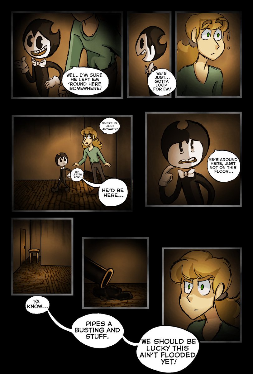 Page 9 is complete! And hey I finally found out what color to use for the filter so now the comics might look better! 
#BENDY #Bendy_and_the_ink_machine #bendy_and_the_dark_revival #BATIM #batdr #bendy