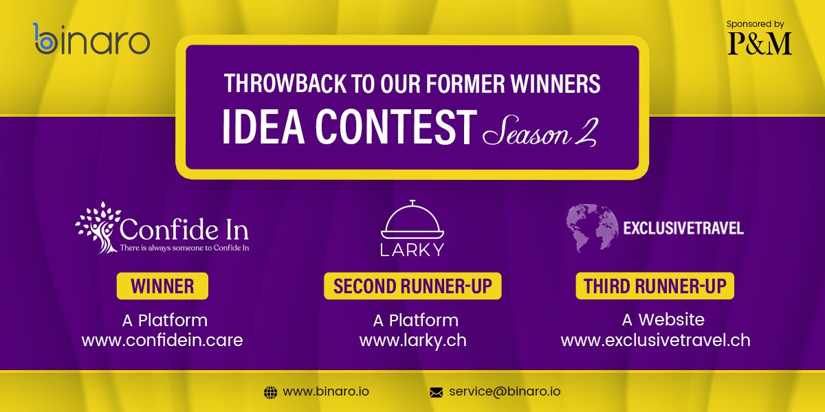 BinaroCompany's tweet photo. A flashback to our amazing winners of last Idea Contest
https://t.co/xGPJUem5vr
#Binaro #ideacontest #PandM #sponsor #confideIn #exclusivetravel #larky #former #winners #businessowner #entrepreneurlife #product #design #development #Binaroit #getitright #binarofit #wearebinaro https://t.co/UEoDBqpSDS
