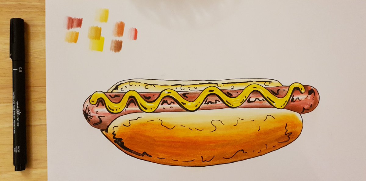 MissRitchteaArt's tweet photo. Just completed my @tomhoveyart teacher example after doing a colour blending demonstration earlier today for Year 10! Now time to watch #GreatBritishBakeOff and see some of these awesome illustrations in action #ks4 #illustration #hotdog #teaching #trainee #colourblend #fineliner https://t.co/6mZPcvPgV8