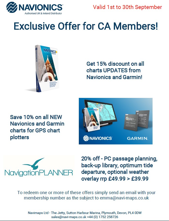 Cruising_Assoc's tweet photo. Special Offers! During Sept CA members get 15% off chart updates/ 10% off all new @Navionics &amp; @Garmin charts for GPS chart plotters/20% off PC passage planning, back-up library, optimum tide departure, optional weather overlay. See poster for claim details. #CAMemberBenefit https://t.co/Dezh0qAhwy