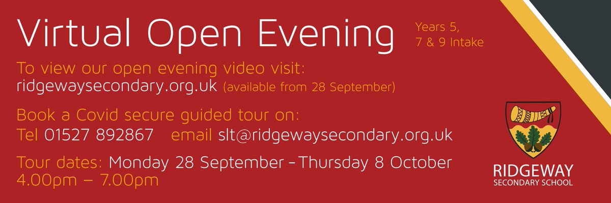 Ridgeway Secondary School (@ridgewaysec) on Twitter photo Prospective parents and students are invited to our virtual open evening and COVID secure school tours
To book a personal tour of Ridgeway Secondary School with a member of the school's leadership team please email slt@ridgewaysecondary.org.uk or phone 01527 892867 for more info Prospective parents and students are invited to our virtual open evening and COVID secure school tours
To book a personal tour of Ridgeway Secondary School with a member of the school's leadership team please email slt@ridgewaysecondary.org.uk or phone 01527 892867 for more info