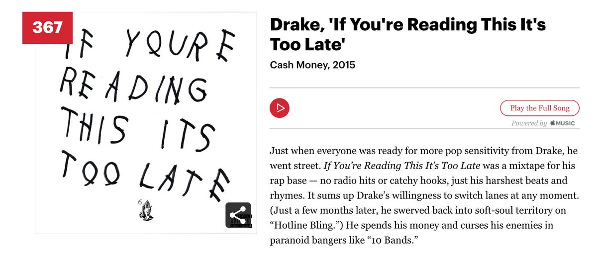 Drake makes Rolling Stone’s 500 Greatest Albums of All Time List. 

#95 - Take Care 
#367 - IYRTITL