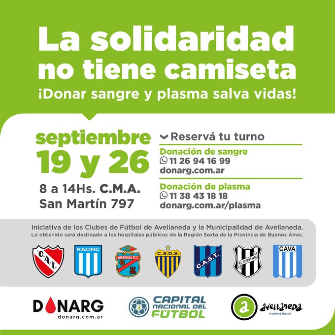 Sumate a la segunda jornada de donación de sangre y plasma, junto a los clubes de #Avellaneda
En la #CapitalNacionalDelFútbol la solidaridad no tiene camiseta.
Lo donado será para los Hospitales de la Región Sanitaria VI
26/09, de 8 a 14 hs., en el <a href="/CMA_mda/">Centro Municipal de Arte</a>
#DonarSangreSalvaVidas
