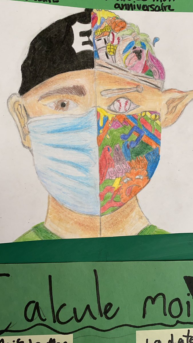 MlleMccormack00's tweet image. “Figure me out” is an integrated task that combines math x art. Ss created various math equations that represent a fact about them. For the self portrait, half the drawing is the students face &amp;amp; the other half represents interests / hobbies &amp;amp; identity. #art #math #tdsb #duke