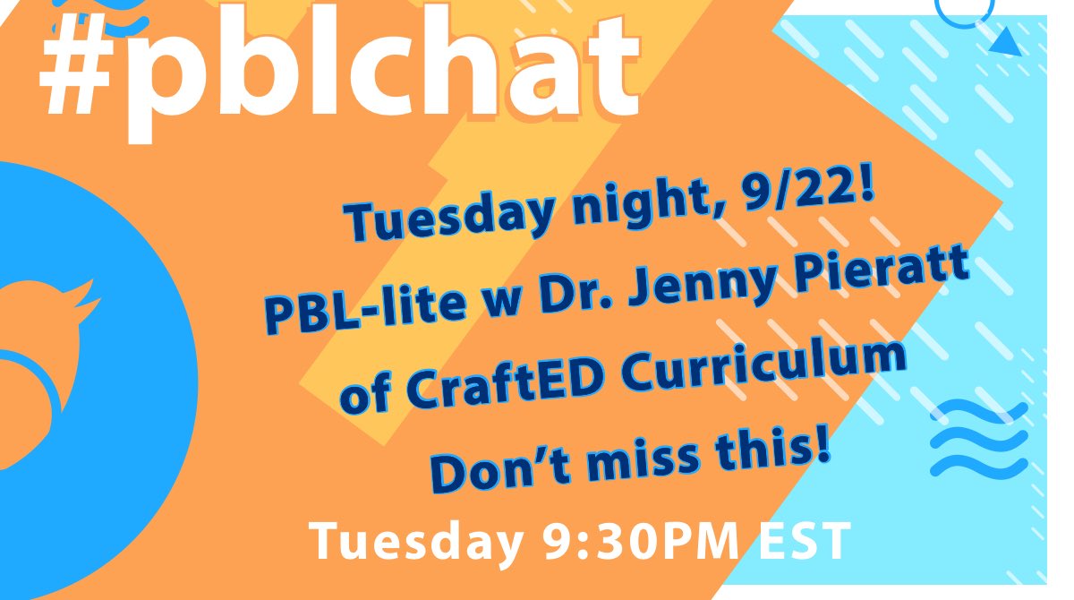 Tonight!! #pblchat 
<a href="/MsDiMaria/">Sarah DiMaria</a> 
@mrmakemathsense 
<a href="/Mrs_Koppers/">Kristen Koppers, M.Ed., NBCT</a> 
<a href="/smittygetstechy/">Angie Smith</a> 
<a href="/PBLacevedo/">Claudia Acevedo</a> 
<a href="/hunterb312/">Hunter Birdyshaw</a> 
<a href="/maggieleemchugh/">Maggie Lee McHugh, NBCT</a> 
<a href="/kelriz/">Kelly Reseigh</a> 
<a href="/cfanch/">Chris Fancher</a> 
<a href="/josh_cormier/">Josh Cormier</a> 
<a href="/edutwitt/">Drew Schrader</a> 
<a href="/EduOverstreet/">Tyler Overstreet</a> 
<a href="/crafted_jennyp/">CraftED_JennyPieratt</a> 
<a href="/jenfelke/">Jennifer Felke</a> 
<a href="/PBLLAB/">Jennifer Stillittano</a>
@chrisdaviscng 
<a href="/MissCEaton/">Courtney Eaton</a> 
<a href="/MyTLee3/">Myla Lee ☀️</a> 
<a href="/coolcatteacher/">Vicki Davis</a>