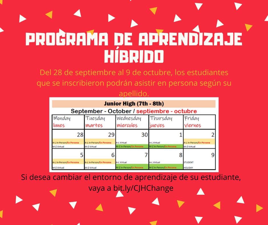 Carterjhs's tweet photo. Programa de aprendizaje híbrido

Del 28 de septiembre al 9 de octubre, los estudiantes que se inscribieron podrán asistir en persona según su apellido. Más información en nuestra reunión de seguridad para padres el jueves. https://t.co/TuAa7KoJLQ