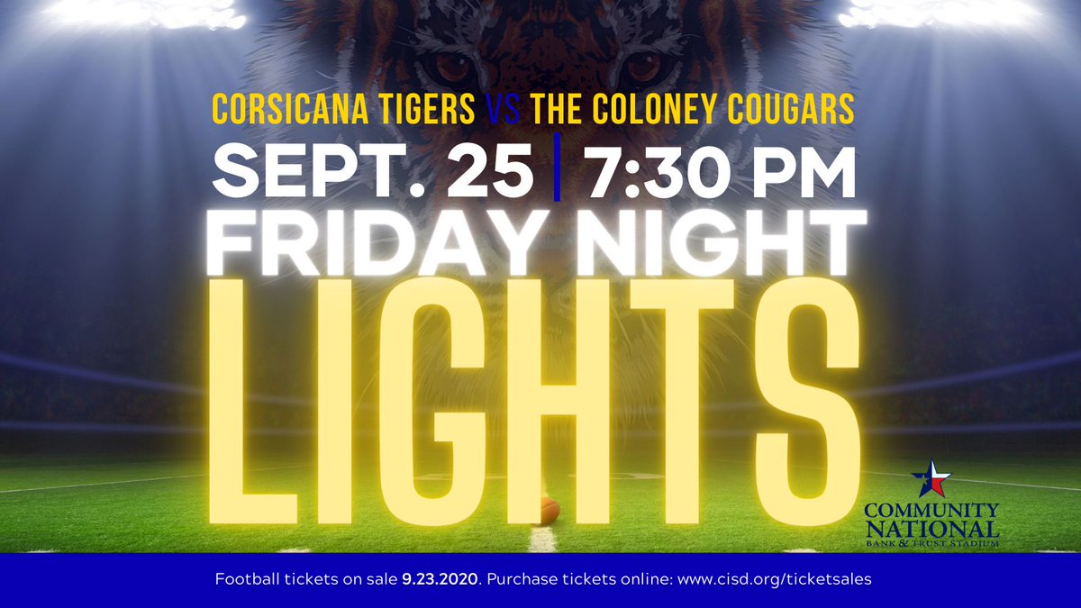 CISD Football will play the first home game on Friday! Tickets go on sale tomorrow and must be purchased online due to capacity restrictions. There will be no ticket sales at the gate. Social distancing will be practiced. Facemasks required. #CorsicanaISD cisd.org/athletics