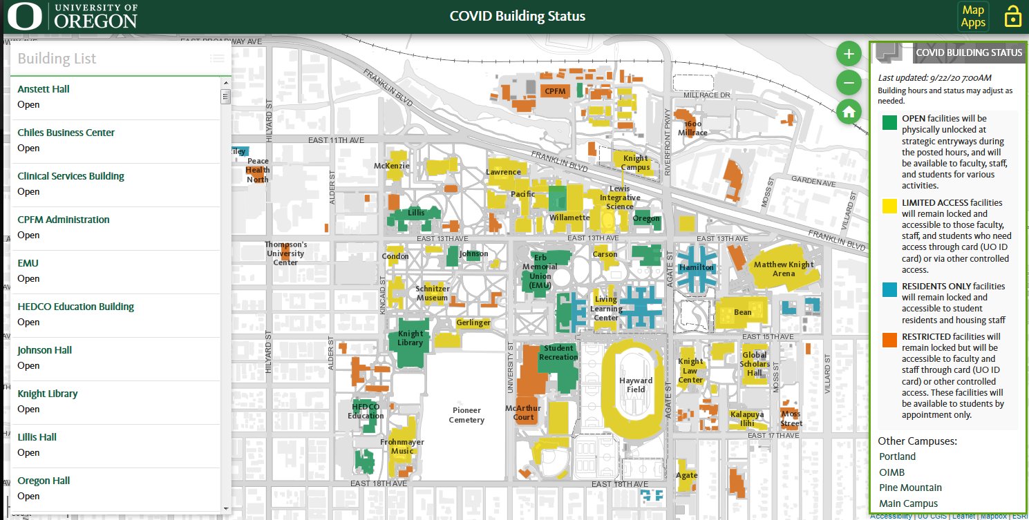 University Of Oregon Campus Map University Of Oregon Geography On Twitter: "The Covid-19 @Uoregon Building  Status Interactive Map Shows Current Campus Building Access And Status –  Open, Limited, And Restricted. Https://T.co/D7K8Exjfeq  Https://T.co/Ewsxdzn41S" / Twitter