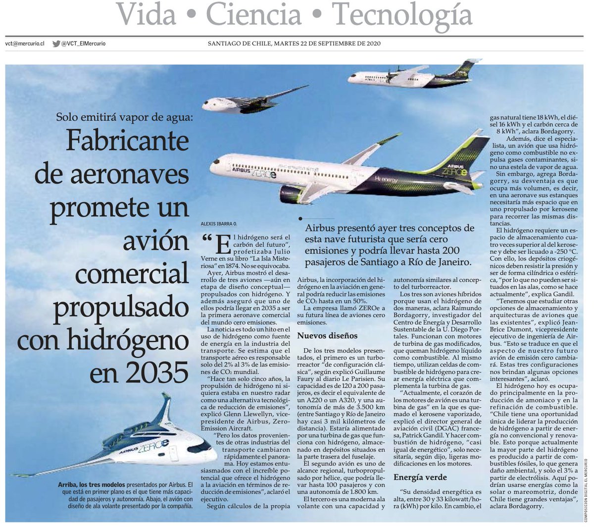 cseebach's tweet photo. El 35% de la energía que consume Chile es transporte, 98% de eso derivados del petróleo con un 11% kerosene de avión. 
@Airbus anuncia revolucionar eso con aviones a hidrógeno (que solo emiten vapor de agua) y que puede ser "verde" si se produce con electricidad ⚡️ renovable ♻️. https://t.co/lFe73bp8v2