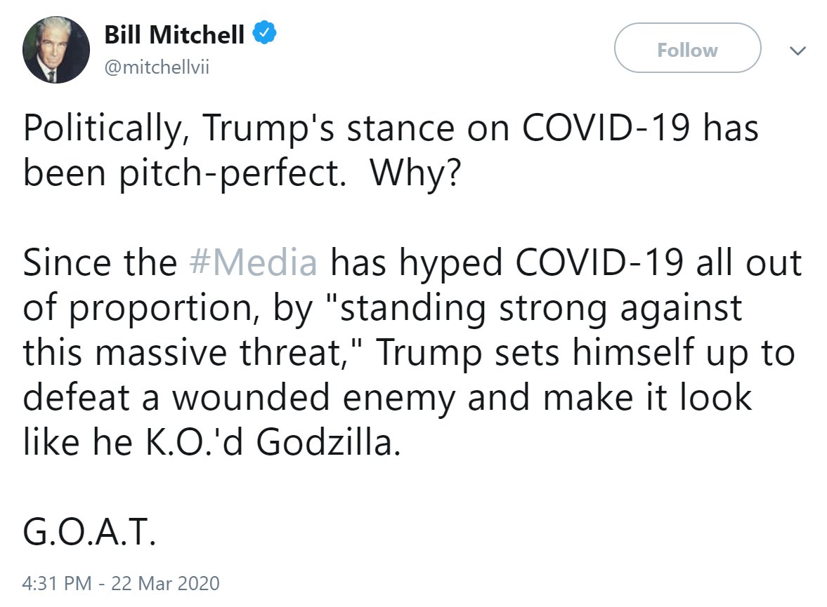 Officially, Bill Mitchell was permanently suspended for evading a ban with an alternate account. But on Parler, he said it was for bad covid takes.Fun fact: This is the 100th tweet of Mitchell takes in this thread.