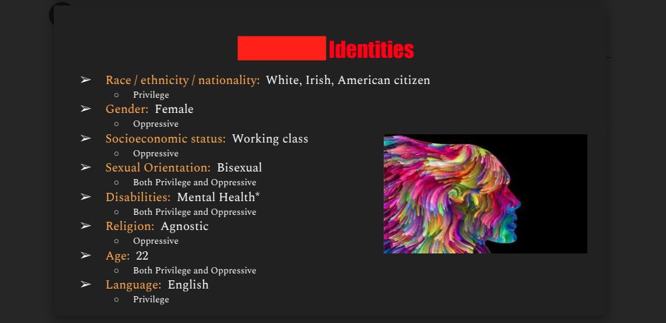 This is where THE TEACHER tells the students what her oppression score is and then has them do an exercise to consider their own oppression score.