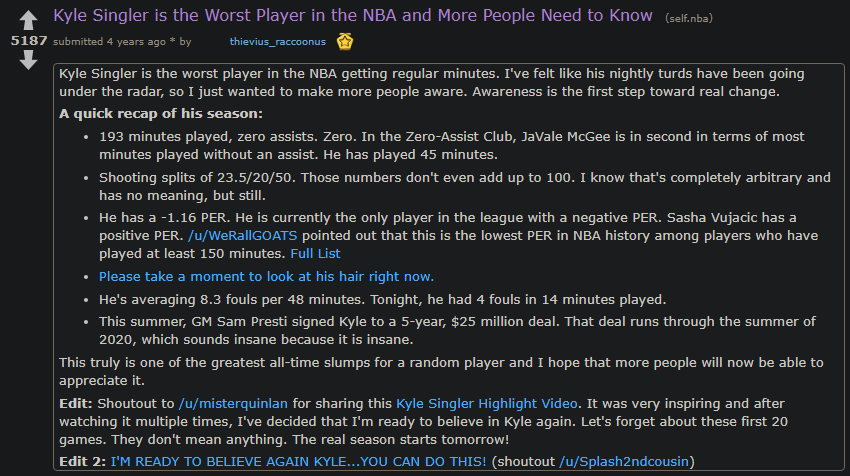 Several years ago an r/nba poster made the compelling case that Singler was, at the time, the worst NBA player receiving substantial playing time. Singler was in the middle of a five-year, $25 million contractAs a commenter points out, his shooting splits don't even total 100